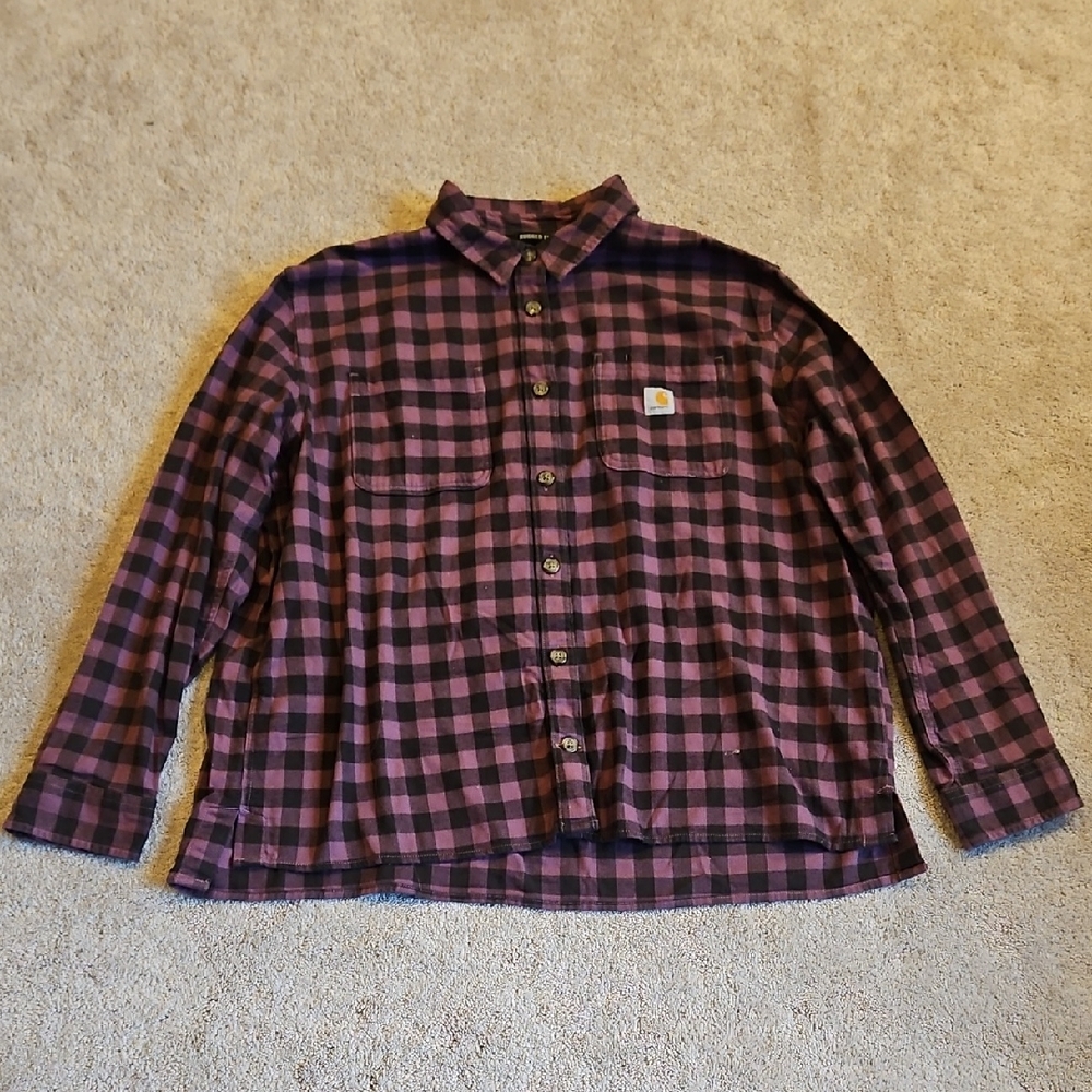 Carhartt Women's Purple and Black Checkered Button-Down Shirt